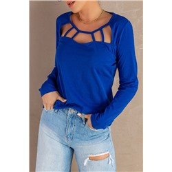 Blue Solid Cut-out Long Sleeve Top