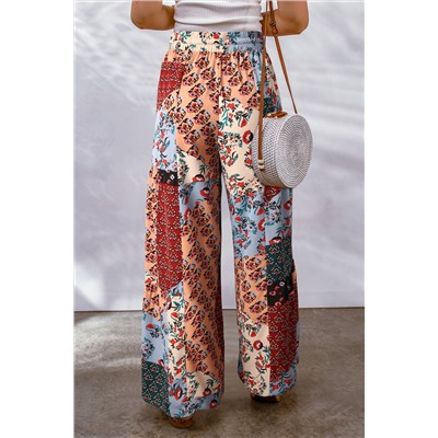 Multicolor Boho Patchwork Print Drawstring Wide Leg Pants