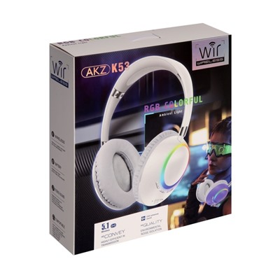 Наушники AKZ K53, беспроводные, полноразмерные, микрофон, подсветка RGB, белые