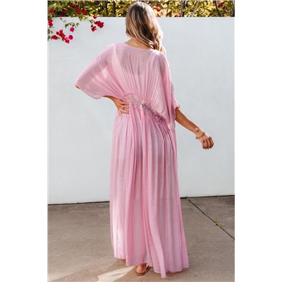 Light Pink Lace Splicing Open Front Maxi Kimono