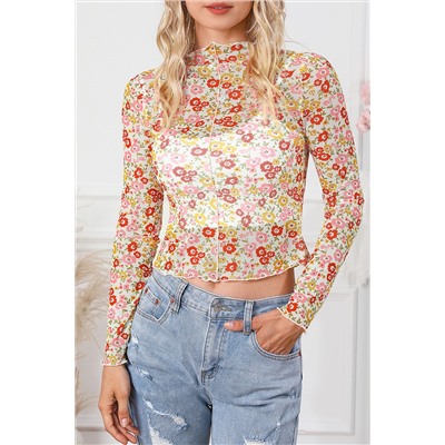 Multicolor Floral Lettuce Hem Long Sleeve Top