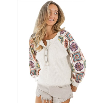 Multicolor Aztec Print Raglan Sleeve Henley Sweatshirt