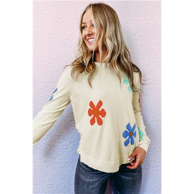 White Sweet Floral Pullover Sweater