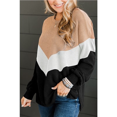 Black Color Block Corded Texture Long Sleeve Top