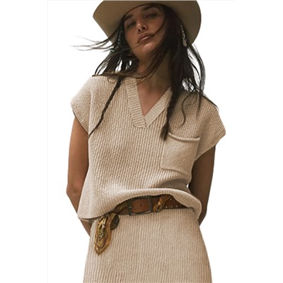 Apricot Chest Pocket V Neck Ribbed Cap Sleeve Sweater