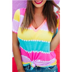 Yellow Striped Color Block V Neck T Shirt