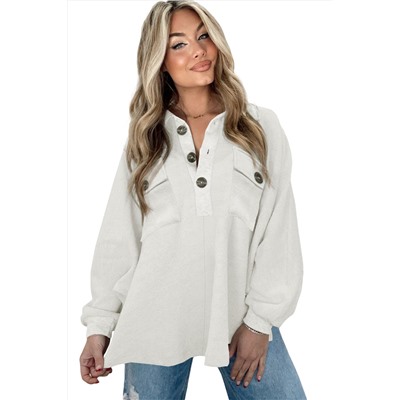 White Oversized Flap Pockets Button Collared Sweatshirt