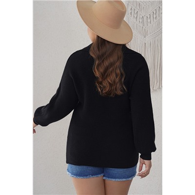 Black Ribbed Knit Lapel Neck Curvy Sweater