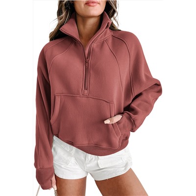 Brown Zip Up Stand Collar Ribbed Thumbhole Sleeve Sweatshirt