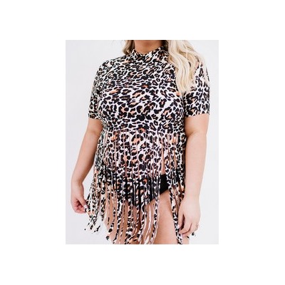 Леопардовое платье-купальник плюс сайз с воротником под горло и бахромой + плавки