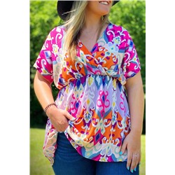 Multicolour Dreamy Print Wrap V Neck Plus Babydoll Blouse