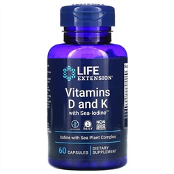 Life Extension, витамины D и К с йодом Sea-Iodine, 60 капсул