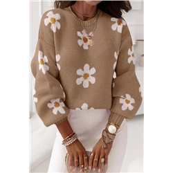 Pale Khaki Pink Floral Pattern Drop Shoulder Sweater