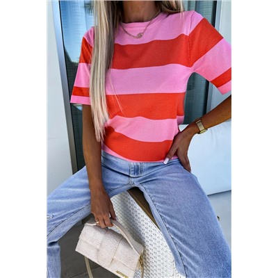 Bright Pink Colorblock Striped Knitted T shirt