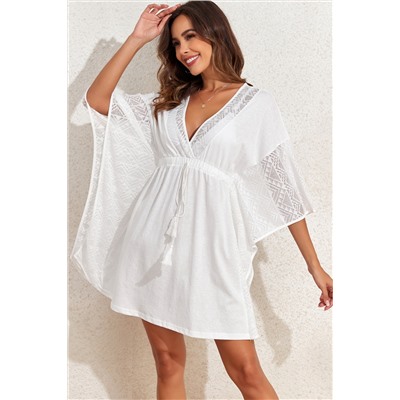 White Lace Patch Kimono Sleeve Tassel Drawstring Beach Cover Up