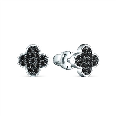 Кольцо из серебра с натуральной чёрной шпинелью родированное - Клевер, четырёхлистник