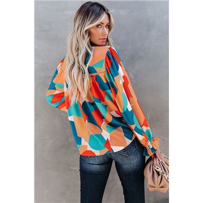 Multicolor Abstract Pattern Crewneck Ruffled Puff Sleeve Blouse