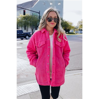 Bright Pink Faux Suede Sherpa Patchwork Button-up Shacket