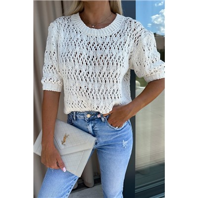White Hollow-out Textured Half Sleeve Sweater