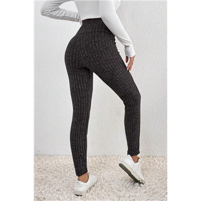 Dark Grey Wide Waistband Ribbed Textured Knit Leggings