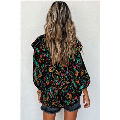 Multicolour Abstract Print 3/4 Puff Sleeve Ruffle Blouse