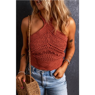 Red Clay Knit Crochet Halter Neck Backless Tank Top