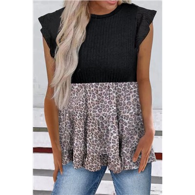 Black Ruffle Sleeve Bodice Leopard Splice Blouse