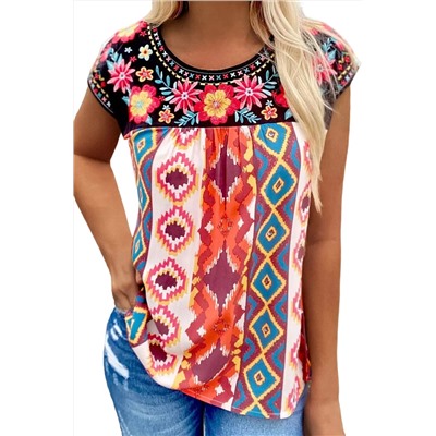 Multicolor Floral Aztec Geometric Cap Sleeve Top