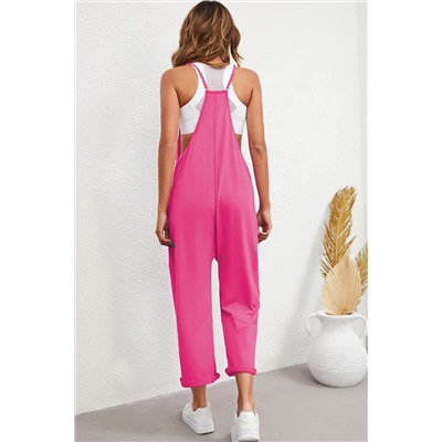 Rose Red Black Pocketed Adjustable Spaghetti Strap Straight Leg Jumpsuit