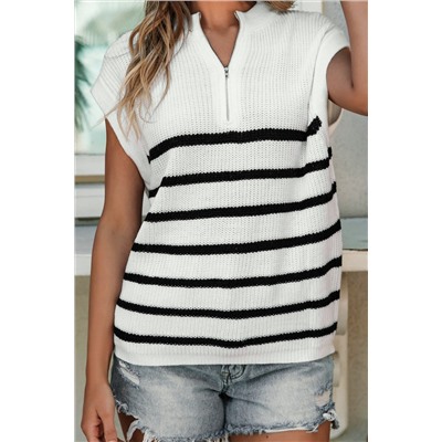 White Stripe Half Zip Split Stand Neck Sweater T-shirt