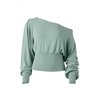 Green Off Shoulder Bishop Sleeve Cinched Waist Blouse