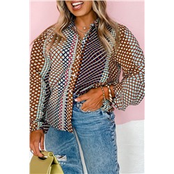 Brown Plus Size Mix Dotted Patchwork Button up Shirt