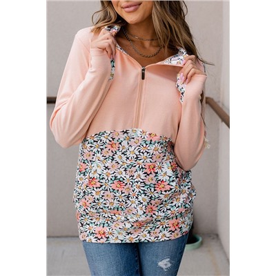 Pink Floral Patch Half Zip Kangaroo Pocket Hoodie