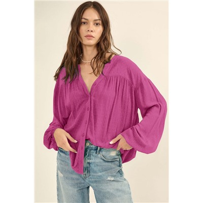 Rose Solid Color Jacquard Puff Sleeve Button up Shirt