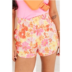 Orange Boho Floral Shirred High Waist Casual Shorts