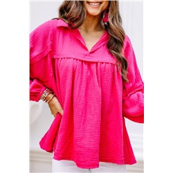 Rose Crinkle Collared V-Neck Bubble Sleeve Flowy Blouse