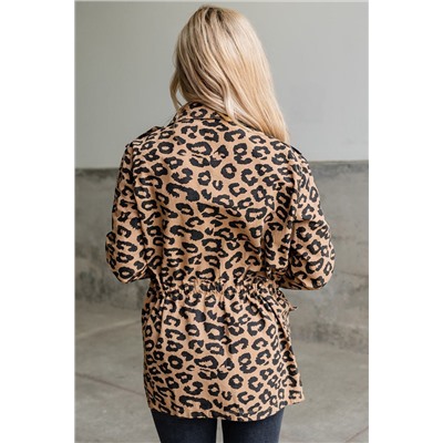 Леопардовое пальто на молнии с лацканами и кулиской на шнуровке