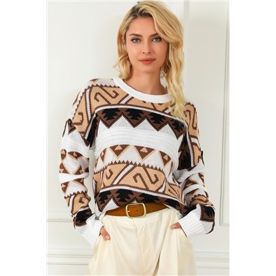 Multicolor Geometric Print Crew Neck Drop Shoulder Sweater