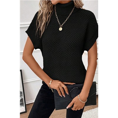 Black Turtleneck Textured Short Sleeve Sweater