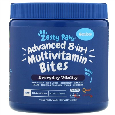 Zesty Paws, Multivitamin Bites, мультивитаминная добавка для собак 8 в 1, для повышения тонуса, для половозрелого животного, со вкусом курицы, 90 жевательных таблеток