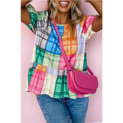 Multicolor Bold Plaid Color Block Puff Sleeve Peplum Top