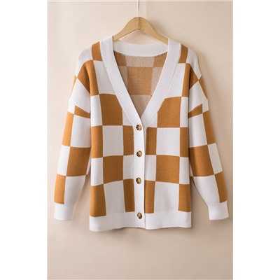 Brown Contrast Checkered Print Button Up Sweater Cardigan