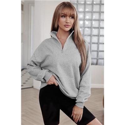 Gray Zipped Funnel Neck Kangaroo Pocket Sweatshirt