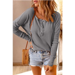 Gray Subtle Waffle Knit Button Up Long Sleeve Top