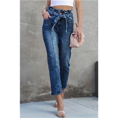 Blue Seamed Stitching High Waist Knot Skinny Jeans