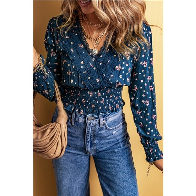 Blue Lace Trim V Neck Floral Smocked Long Sleeve Blouse