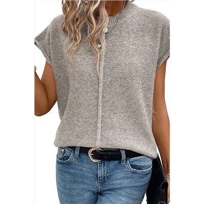 Gray Crew Neck Center Seamed Short Sleeve Sweater