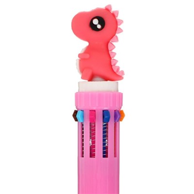 Ручка шариковая автоматическая 10-ти цветная, "Динозавр", цвет розовый, в пакете