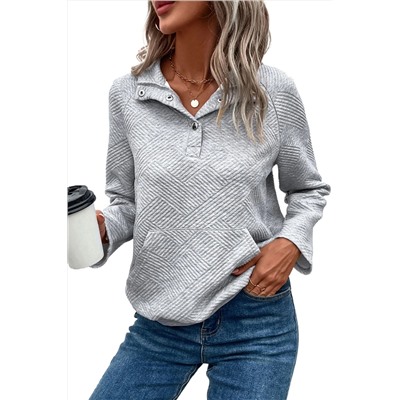 Light Grey Textured Knit Buttoned Kangaroo Pocket Sweatshirt