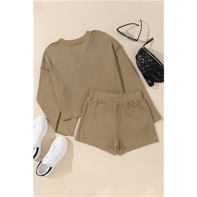 Khaki Exposed Seam Textured Long Sleeve Top Shorts Set